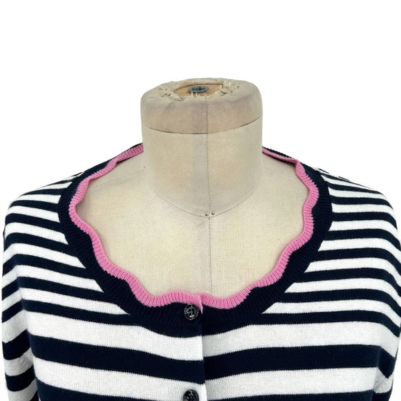 Allude Cardigan Sweater Striped‎ Cotton Scallop Trim Navy Blue White Size Medium - Picture 3 of 8